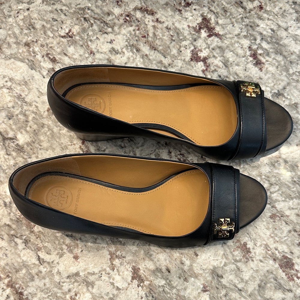 Tory Burch Black Leather Peep-Toe Heels with Gold Logo